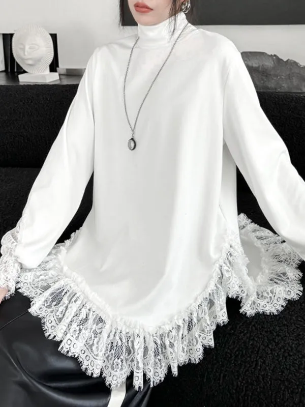 xakxx Long Sleeves Loose Solid Color Split-Joint High Neck T-Shirts Tops